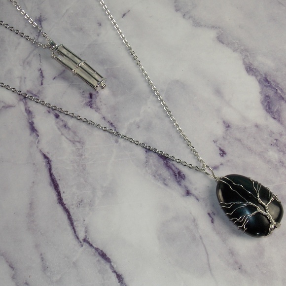 Jewelry - Two Necklace Set Quartz Cage Wire Wrap Tree